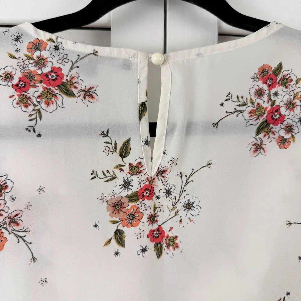 Sweet Rain Blouse Women XL White Floral Strappy V-Neck Cap Sleeve‎ Lightweight
